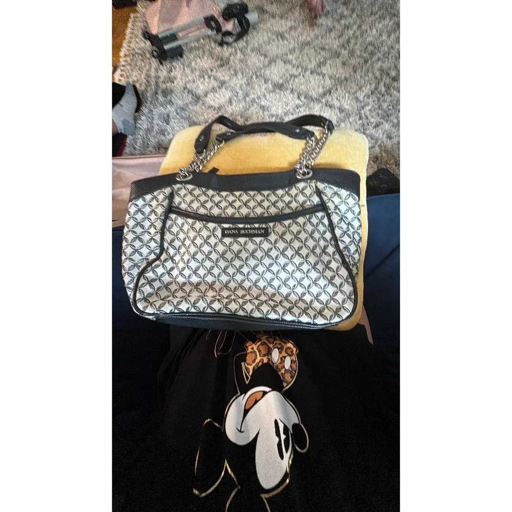 Dana Buchman Black White Geometric Shoulder Bag Tote Silver Chain Straps